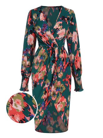 She slips into this Green 1980s Surplice Floral Tulip Hem Dress and suddenly it's a 1980s daydream