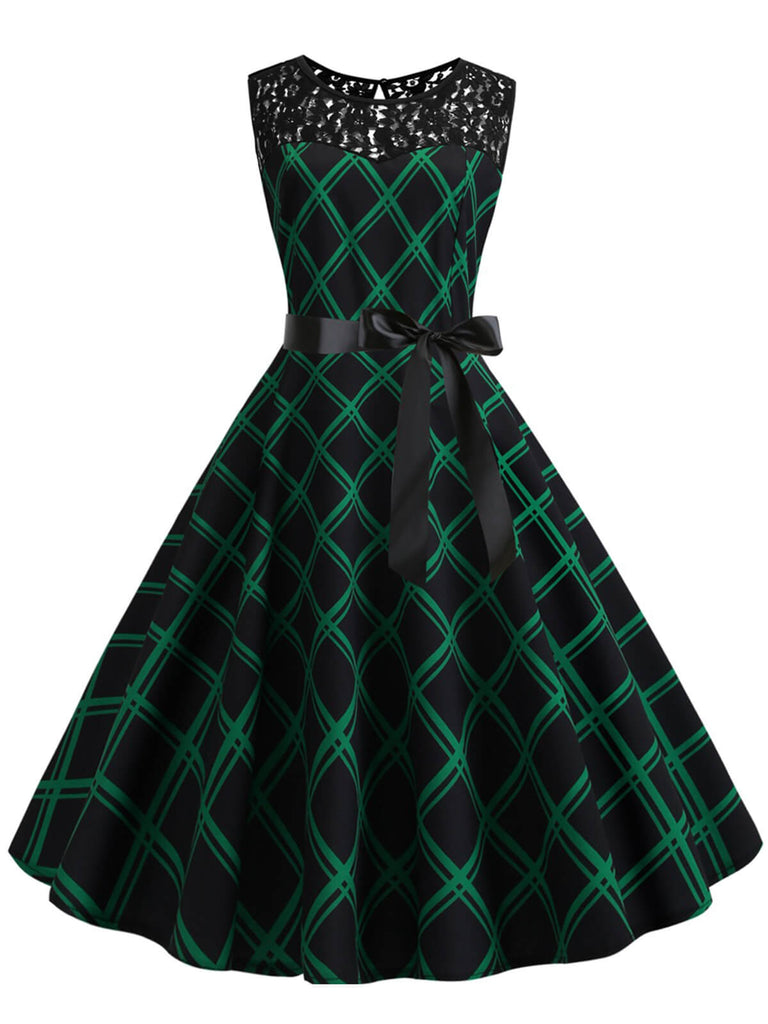 She slips into this Green & Black 1950s Plaid Lace Patchwork Dress and suddenly it's a 1950s daydream