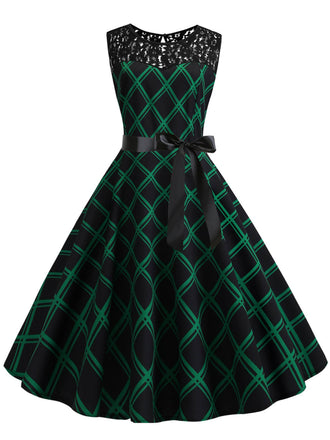 She slips into this Green & Black 1950s Plaid Lace Patchwork Dress and suddenly it's a 1950s daydream