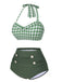 This Green Gray 1940s Halter Plaids Swimsuit carries 1940s vacation dreams in every stitch