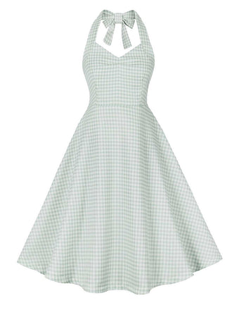 She slips into this Green Gray 1950s Halter Plaids Dress and suddenly it's a 1950s daydream