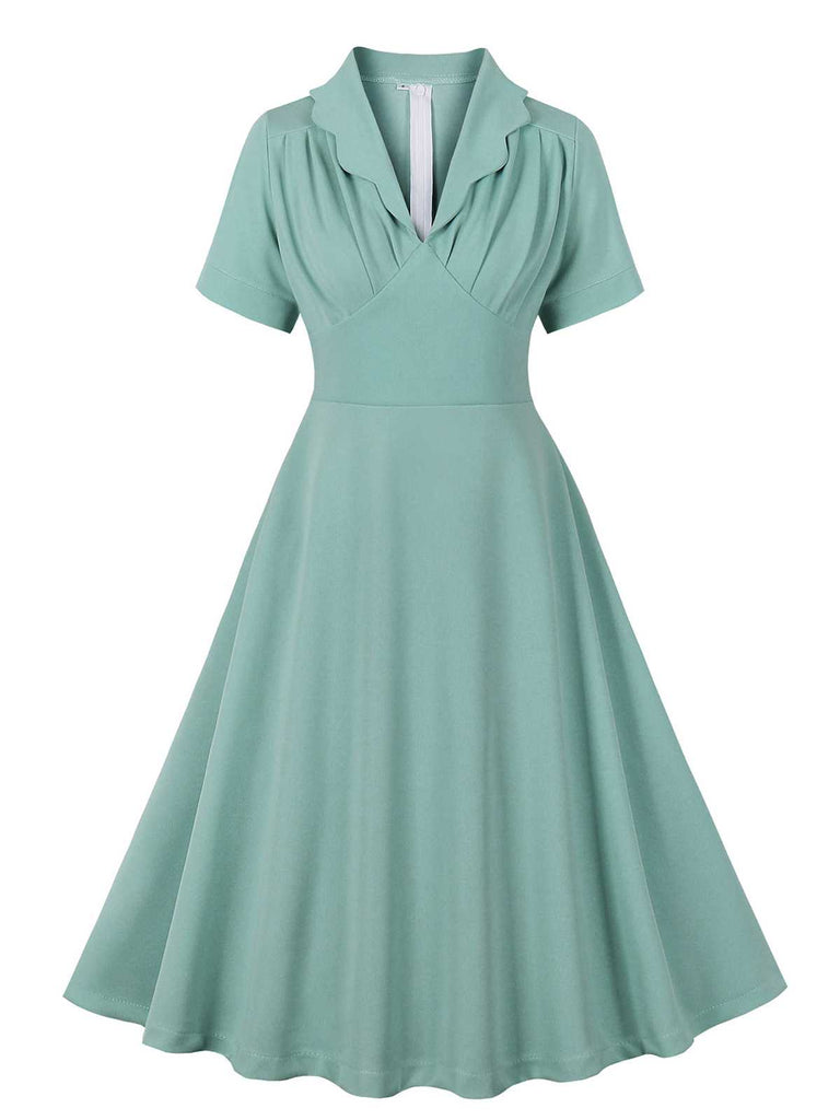 She slips into this Green Gray 1950s Lapel Solid Dress and suddenly it's a 1950s daydream