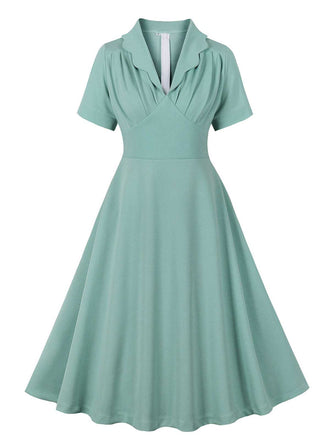 She slips into this Green Gray 1950s Lapel Solid Dress and suddenly it's a 1950s daydream