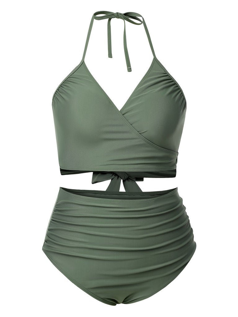 Green Grey 1930s Halter Strappy Tankini Swimsuit: 1930s Riviera elegance, reimagined for her