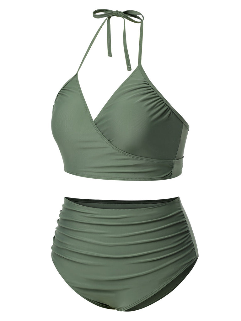 This Green Grey 1930s Halter Strappy Tankini Swimsuit carries 1930s vacation dreams in every stitch