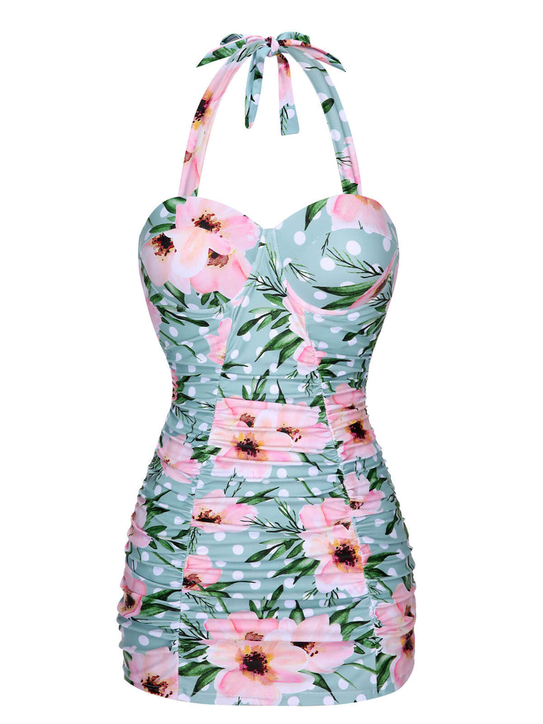 Green & Pink 1930s Floral Polka Dot Halter Swimsuit, vintage swimsuit, pin-up swimwear - perfect for women who love vintage and retro fashion