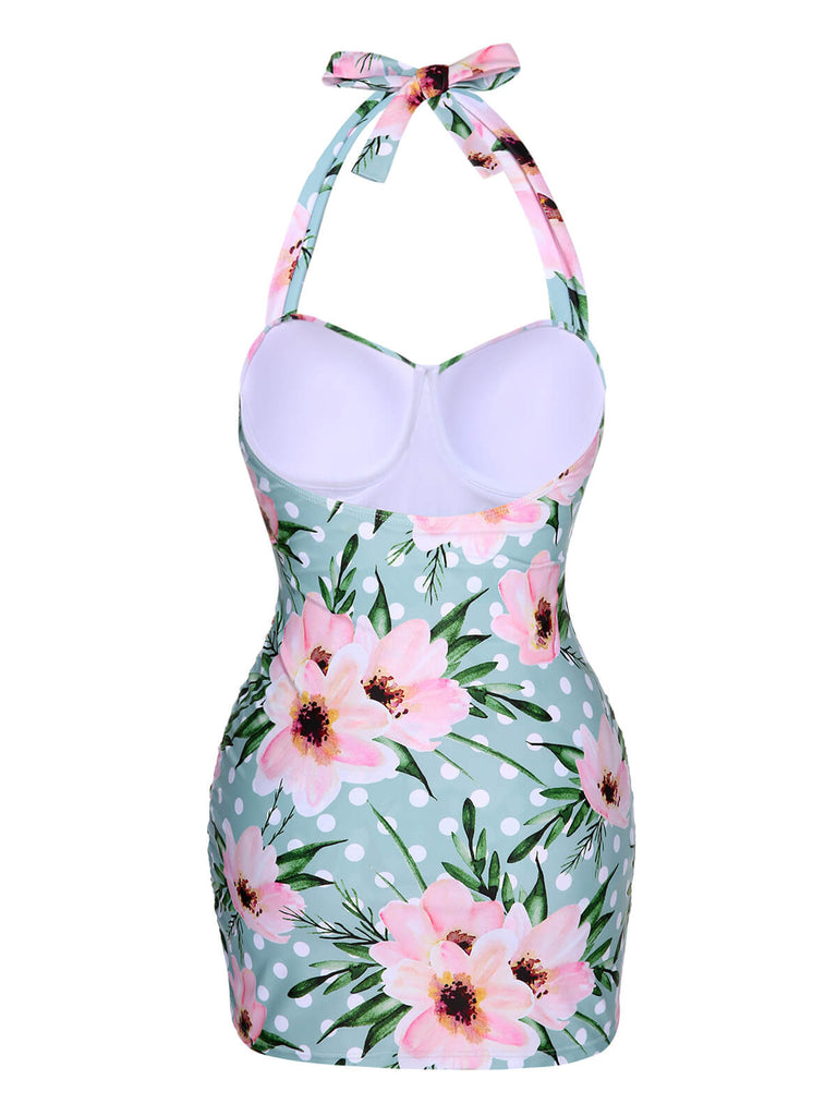 Green & Pink 1930s Floral Polka Dot Halter Swimsuit, vintage swimsuit, pin-up swimwear - perfect for women who love vintage and retro fashion