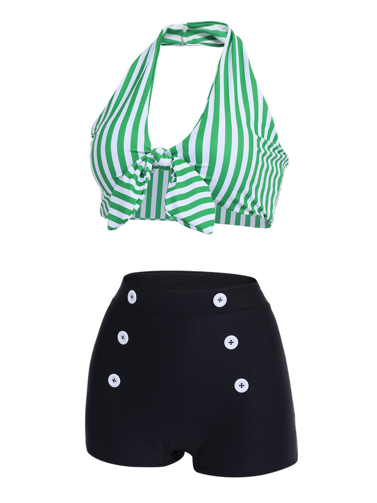 Green Retro Halter Stripes Bikini Set: timeless style reimagined