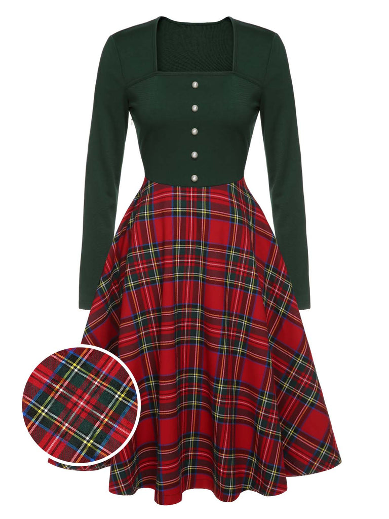 Green&Red 1950s Square Neck Plaids Long Sleeve Dress, vintage dress, retro fashion, rockabilly, pin-up fashion - perfect for women who love vintage and retro fashion