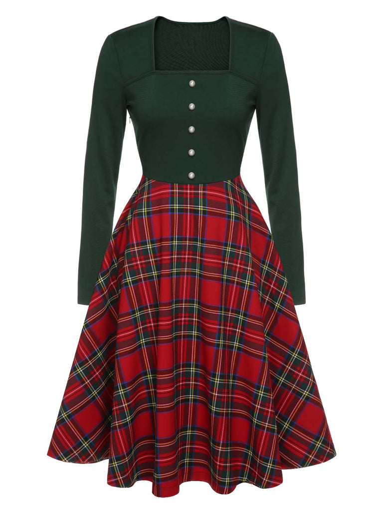 Green&Red 1950s Square Neck Plaids Long Sleeve Dress, vintage dress, retro fashion, rockabilly, pin-up fashion - perfect for women who love vintage and retro fashion
