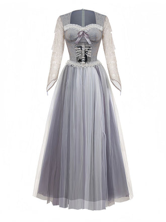 Grey 1930s Halloween Ghost Bride Mesh Dress - vintage dress, retro fashion