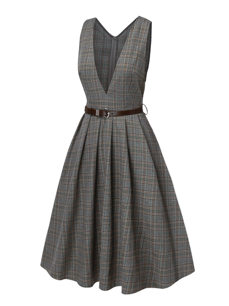 She slips into this 2PCS Grey 1940s V-Neck Plaid Dress & Satin Blouse and suddenly it's a 1940s daydream