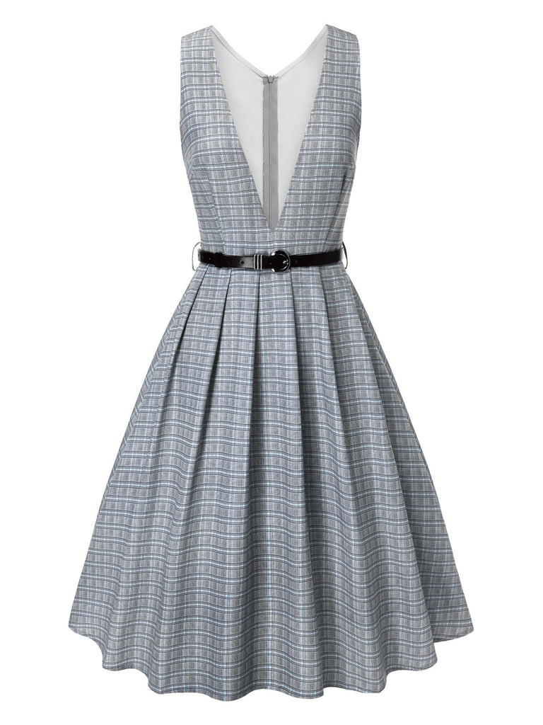 Grey 1940s Deep V-Neck Glen Plaid Dress — the kind of 1940s dress that makes strangers smile
