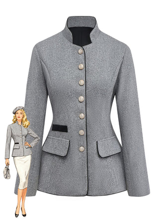Grey 1940s Faux-Wool Stand Collar Buttons Jacket - vintage fashion, retro style