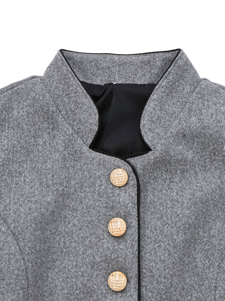Grey 1940s Faux-Wool Stand Collar Buttons Jacket - vintage fashion, retro style
