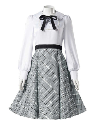 Grey 1940s Peter Pan Collar Bow Plaid Dress - vintage dress, retro fashion