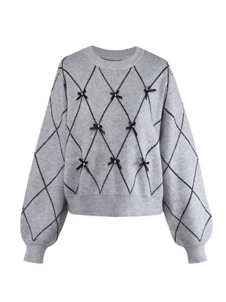 Grey 1950s Round Neck Bow Pullover Sweater - vintage fashion, retro style