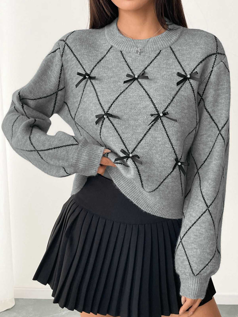 Grey 1950s Round Neck Bow Pullover Sweater - vintage fashion, retro style