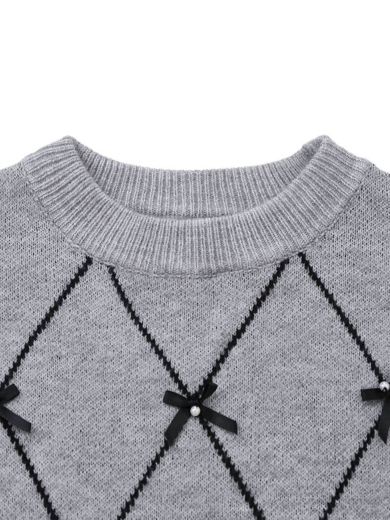 Grey 1950s Round Neck Bow Pullover Sweater - vintage fashion, retro style