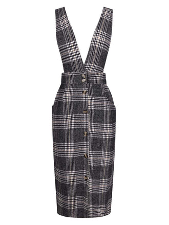She slips into this Grey 1960s Button Plaid Pinafore Dress and suddenly it's a 1960s daydream