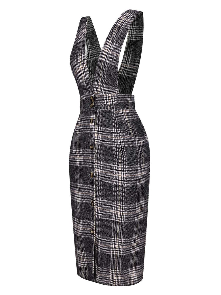 This Grey 1960s Button Plaid Pinafore Dress wraps her in 1960s elegance, one twirl at a time