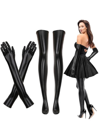 Halloween Black PU Leather Gloves & Thigh High Socks Set - vintage fashion, retro style, classic black