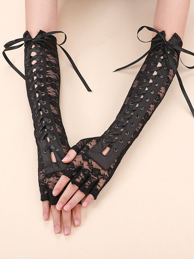 Halloween Punk Party Lace-Up Half Finger Gloves — the vintage finishing touch that makes her outfit sing