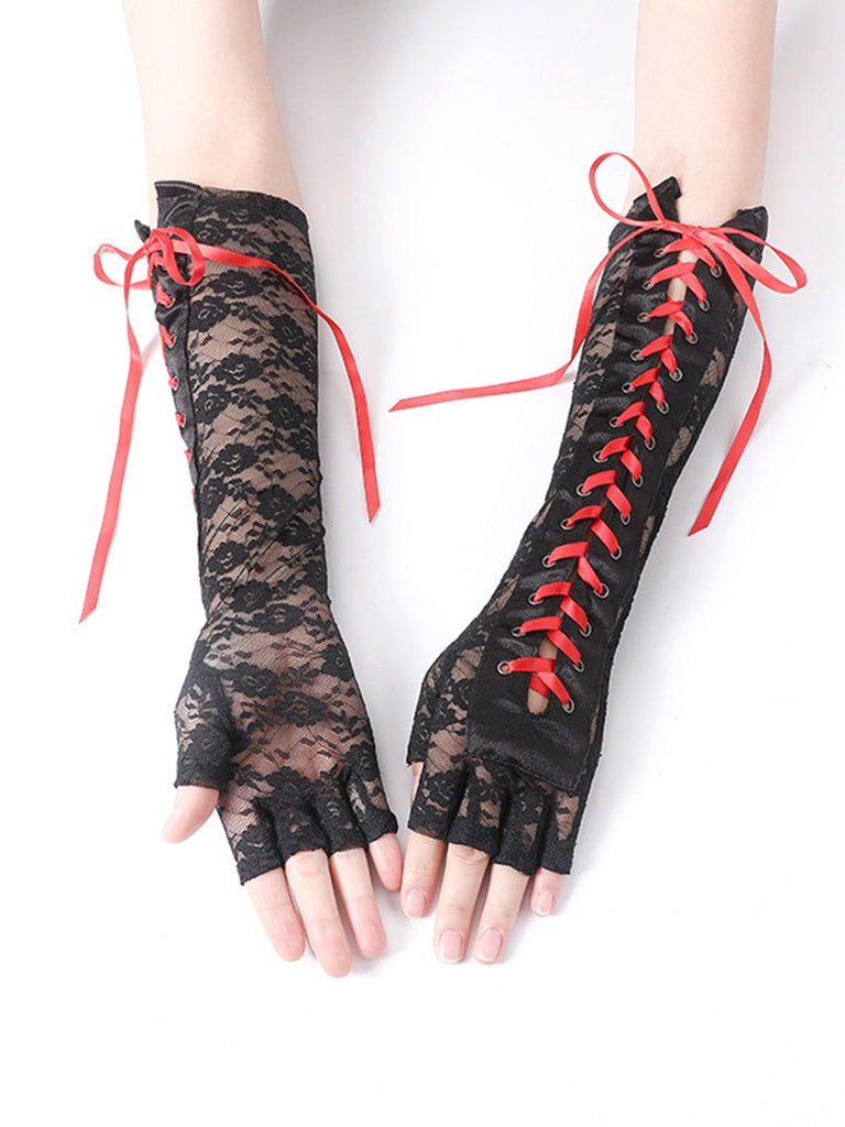 Halloween Punk Party Lace-Up Half Finger Gloves — vintage elegance in the palm of her hand