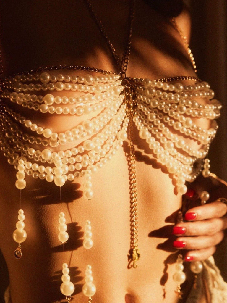 Halter Tiered Pearl Fringe Body Chain Bralette - vintage fashion, retro style for vintage lovers