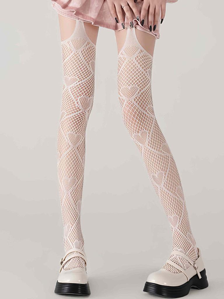 Heart Pattern Thigh High Fishnet Stockings - vintage fashion, retro style