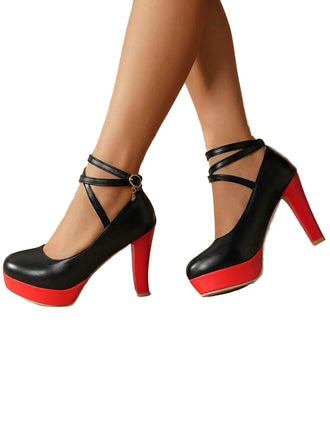 Mary Jane Color Block Round Toe Strap Chunky High Heels - vintage shoes, retro heels
