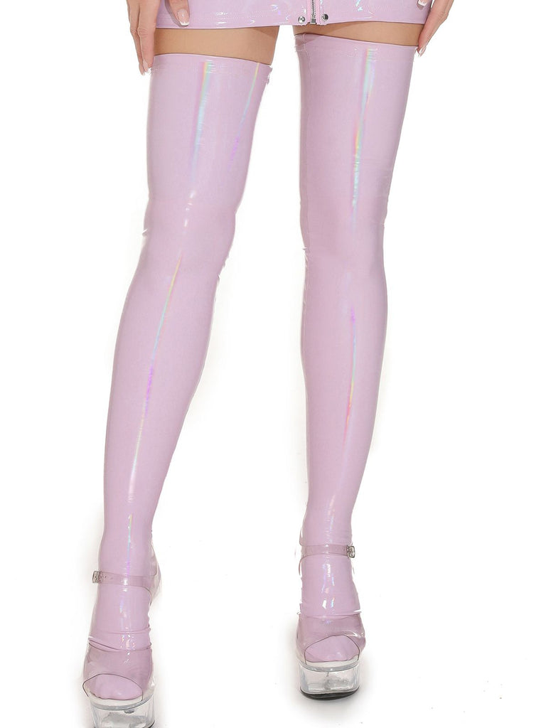 She finds her vintage story in this High-Shine Leather Thigh High Stockings