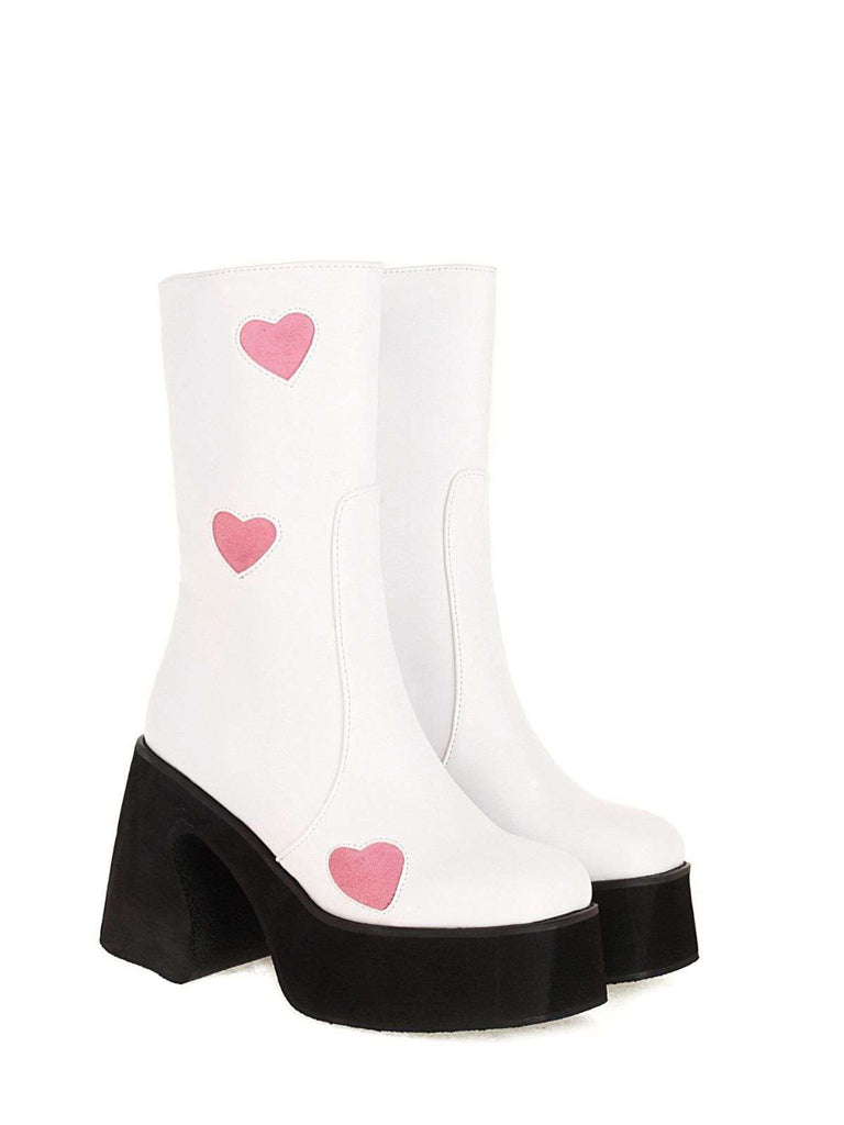 Hollow Hearts Leather Chunky Platform Boots - vintage fashion, retro style