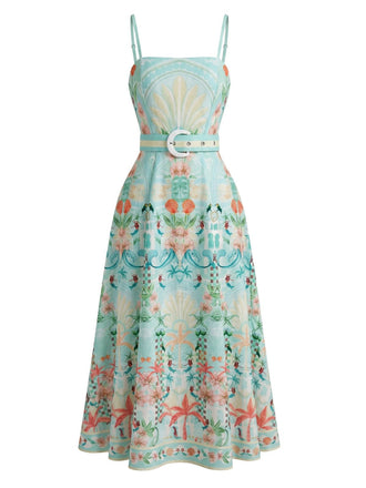 Ice Green 1970s Tropical Plants Belted Smocked Dress, vintage dress, retro fashion - perfect for women who love vintage and retro fashion