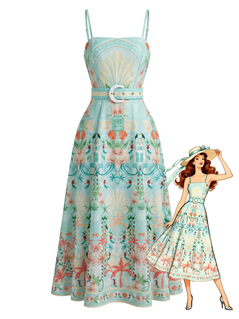 Ice Green 1970s Tropical Plants Belted Smocked Dress, vintage dress, retro fashion - perfect for women who love vintage and retro fashion