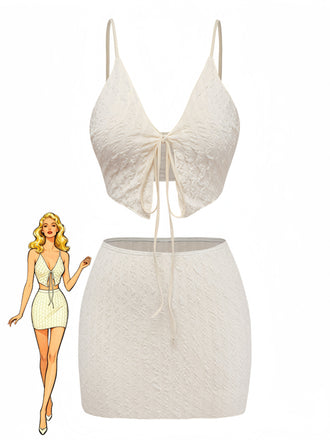 Ivory 1940s Textured Tie-Front Tankini Set - vintage fashion, retro style for vintage lovers