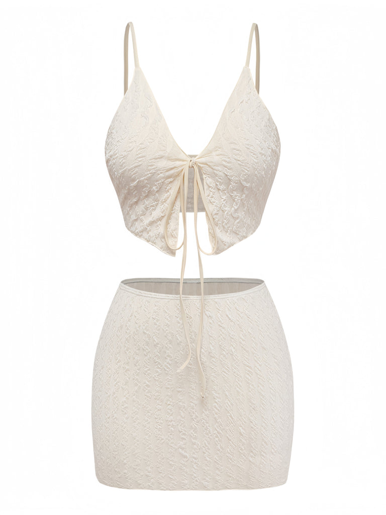 Ivory 1940s Textured Tie-Front Tankini Set - vintage fashion, retro style for vintage lovers