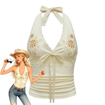 Ivory 1980s Embroidered Lace Floral Halter Top - vintage fashion, retro style, elegant red