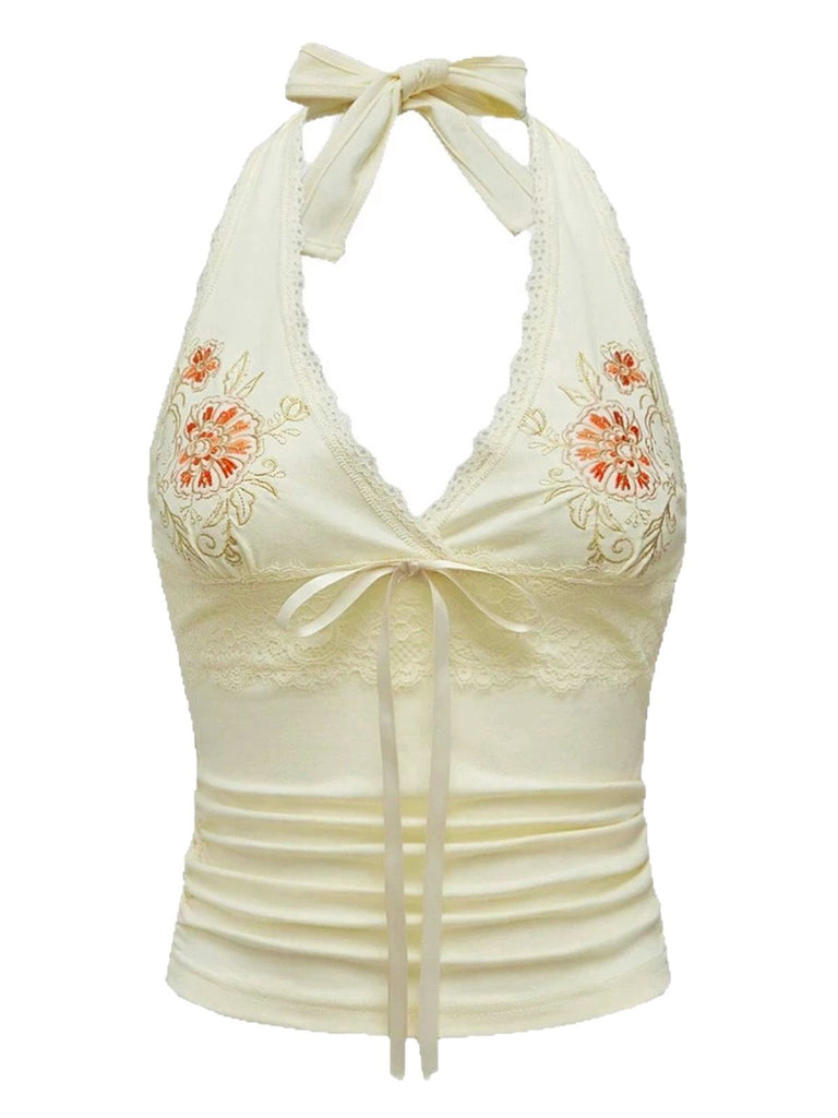 Ivory 1980s Embroidered Lace Floral Halter Top - vintage fashion, retro style, elegant red