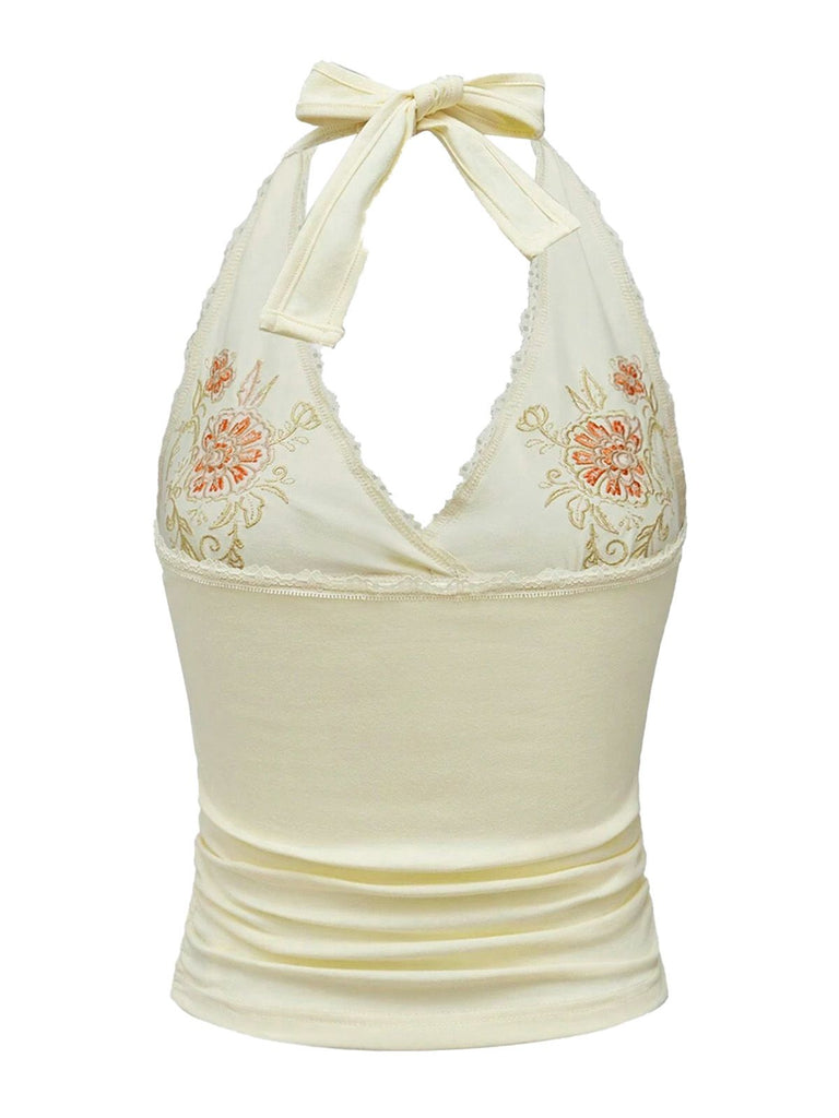 Ivory 1980s Embroidered Lace Floral Halter Top - vintage fashion, retro style, elegant red