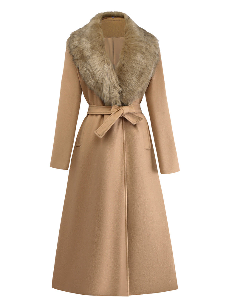 Khaki 1920s Solid Fur Collar Belted Coat - vintage fashion, retro style