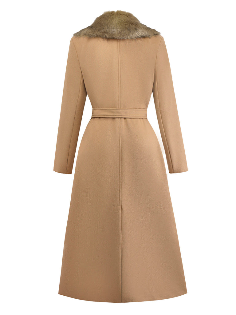 Khaki 1920s Solid Fur Collar Belted Coat - vintage fashion, retro style