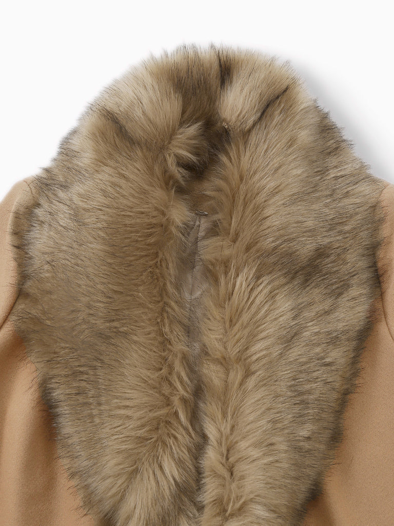 Khaki 1920s Solid Fur Collar Belted Coat - vintage fashion, retro style