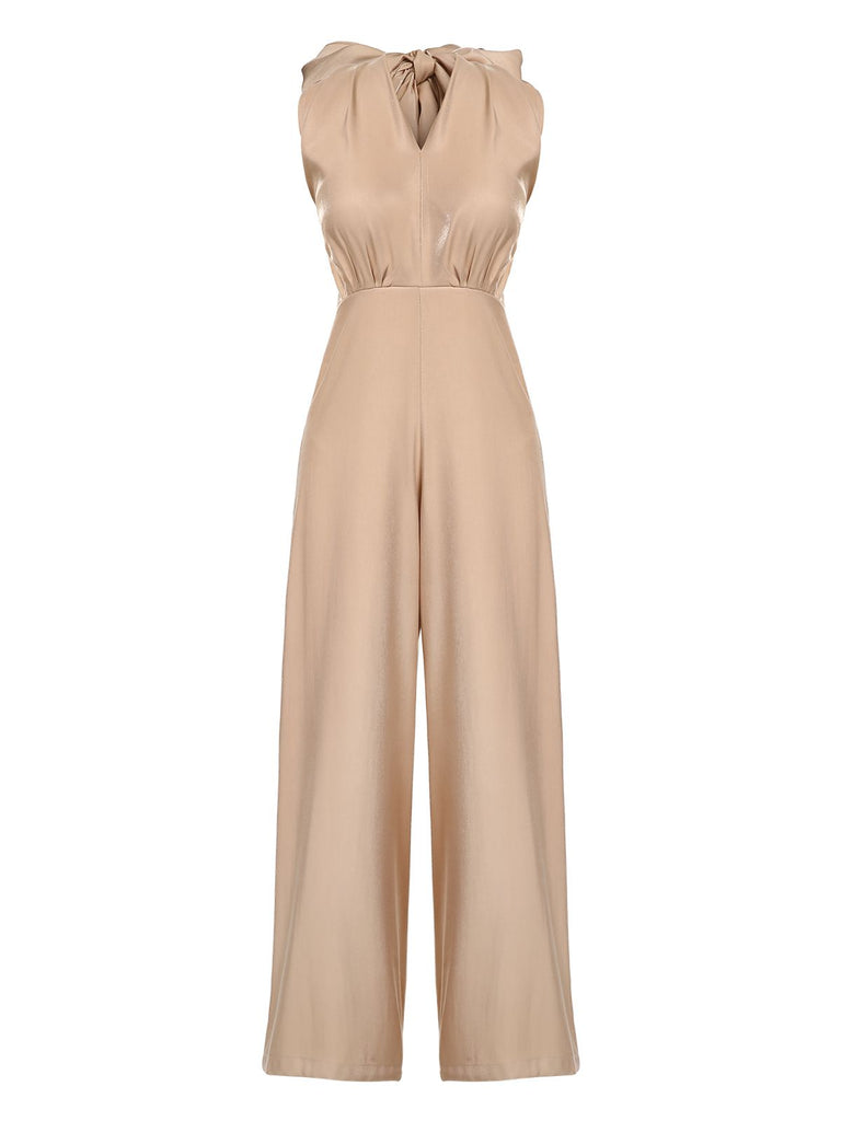 Khaki 1930s Solid V-neck Halter Jumpsuit, vintage fashion, retro style - perfect for women who love vintage and retro fashion