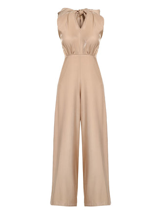 Khaki 1930s Solid V-neck Halter Jumpsuit, vintage fashion, retro style - perfect for women who love vintage and retro fashion