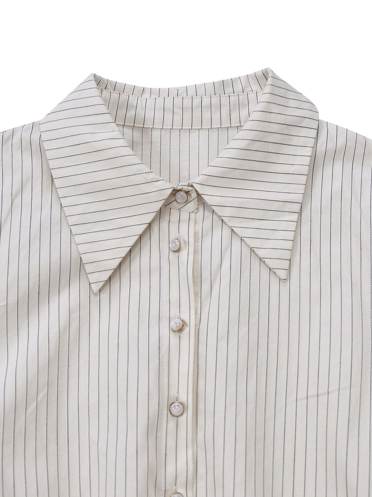 Khaki 1930s Striped Lapel Blouse Detachable Tie Dress, classic vintage style elegant retro fashion - Image 10