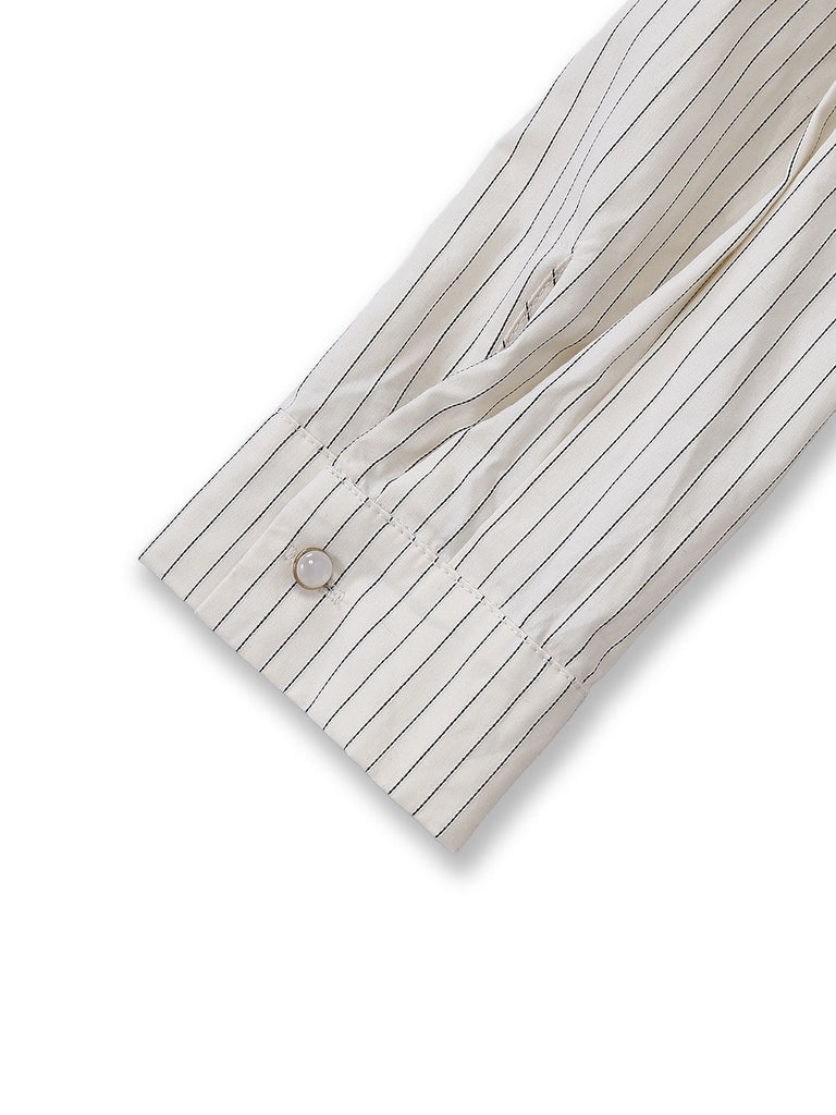 Khaki 1930s Striped Lapel Blouse Detachable Tie Dress, classic vintage style elegant retro fashion - Image 9