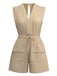 Khaki 1930s V-Neck Pocket Solid Romper - vintage jumpsuit, retro fashion