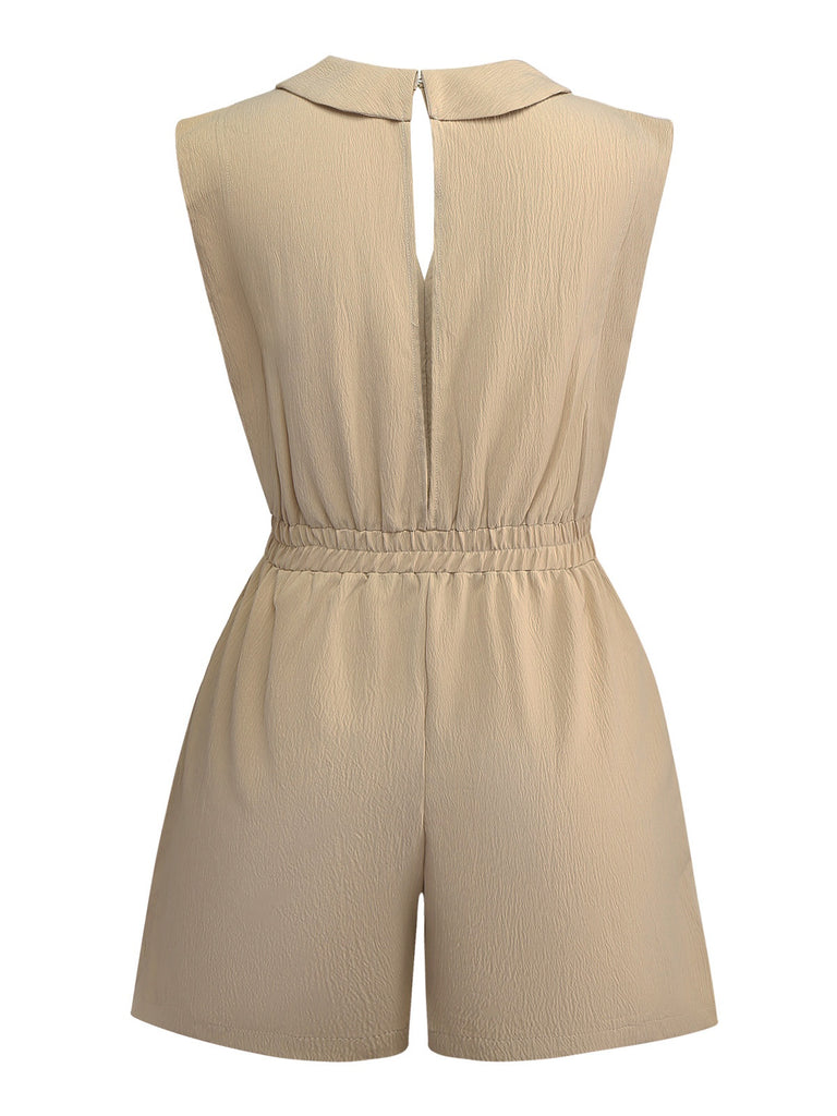Khaki 1930s V-Neck Pocket Solid Romper - vintage jumpsuit, retro fashion