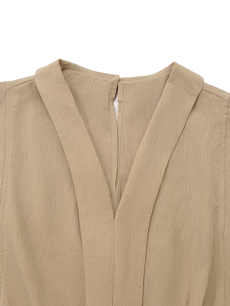Khaki 1930s V-Neck Pocket Solid Romper - vintage jumpsuit, retro fashion